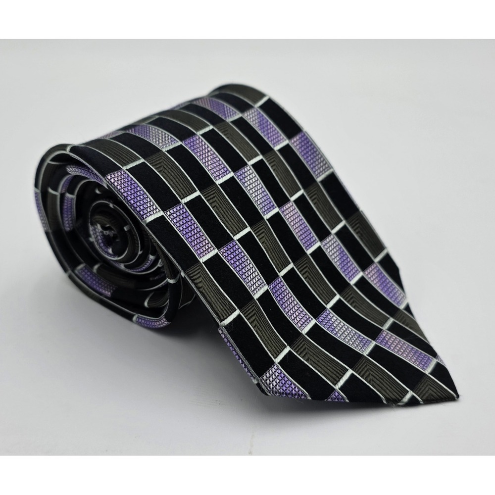 Bresciani Italia Silk Geometric Pattern Necktie Hand Made Black Purple